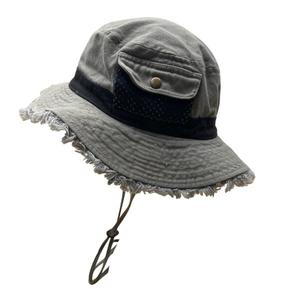 Royal Headware Frayed Edge Gray Black Bucket Hat Boonie Pocket Detail Sz 59 M - Picture 4 of 8